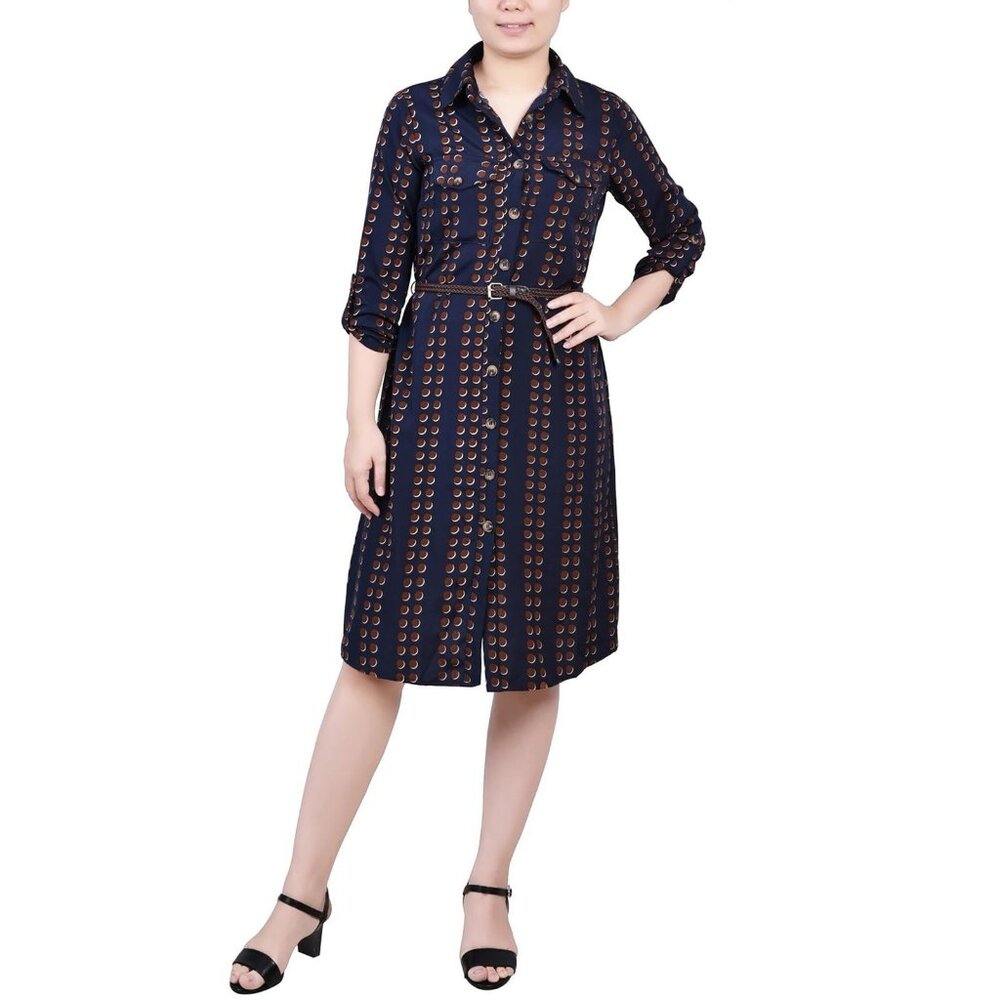 NY Collection Womens Petites Polka Dot Pocket Shirtdress Size PL Brown Navy
